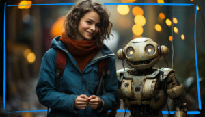 Woman and Robot walking together