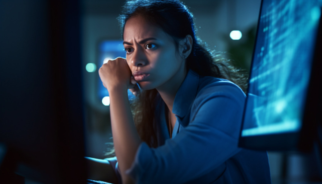 Stressed out woman looking at computer